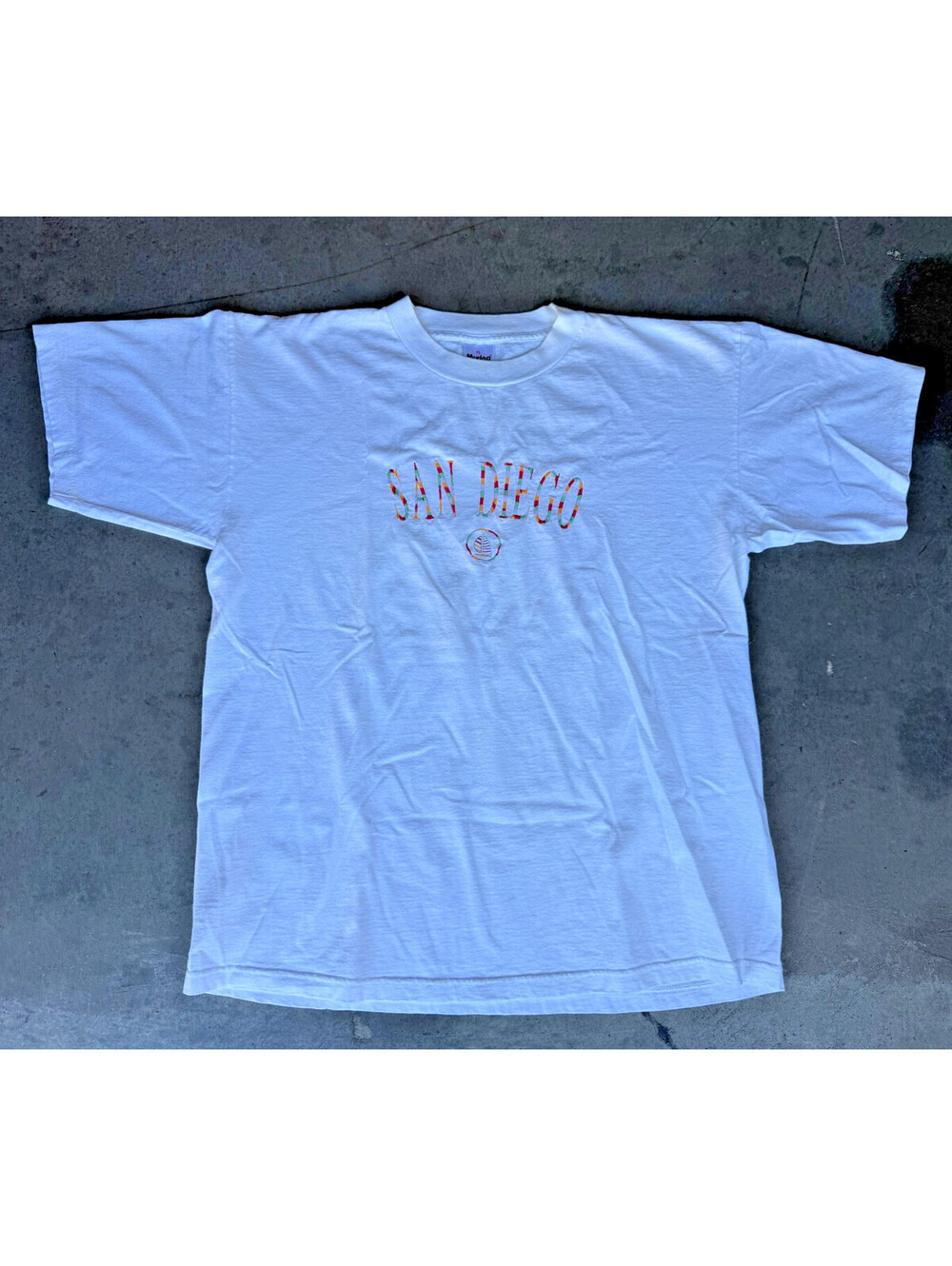 VTG Mens Sz‎ XL MURINA T Shirt SAN DIEGO Embroidered White Short Sleeve Made USA